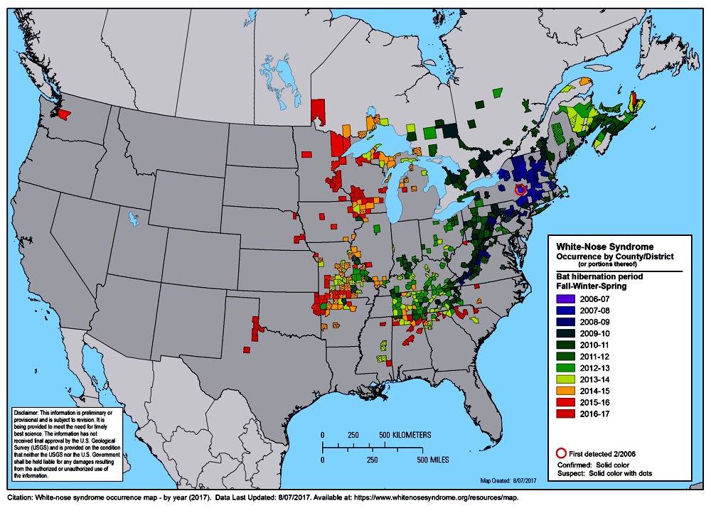 White-nose syndrome occurrence by district